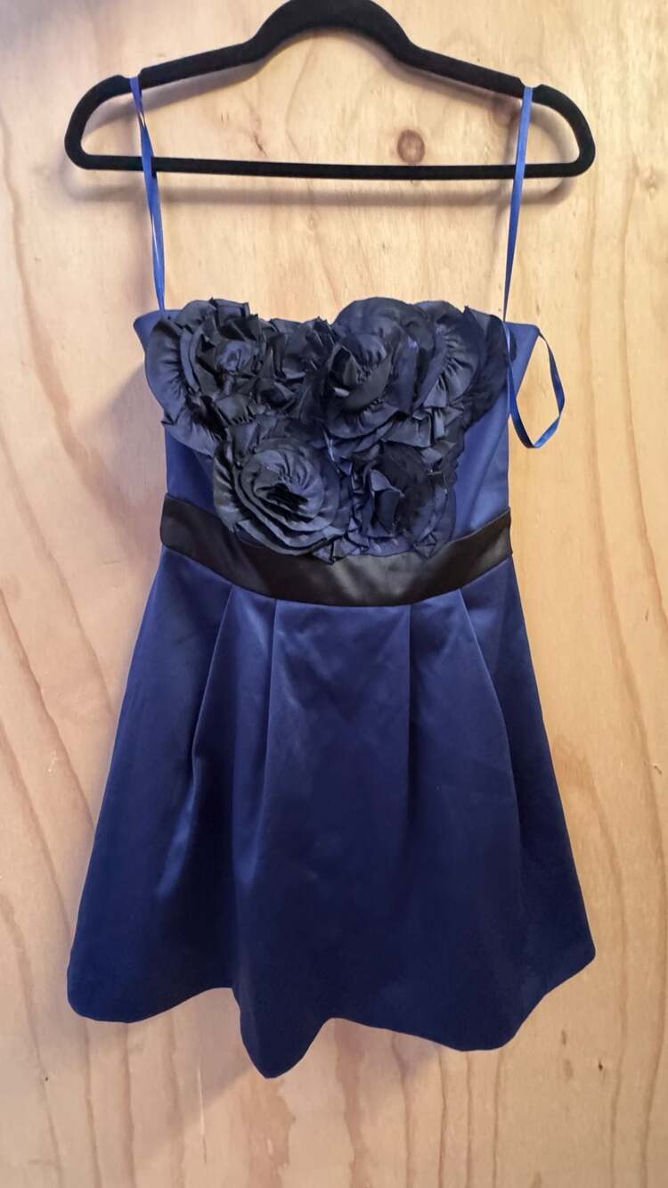 Max and Cleo Blue Satin Strapless Dress with Rosettes Size 2